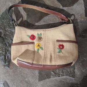 Fossil Beige and Brown Floral Shoulder Bag Strsw/rattan
